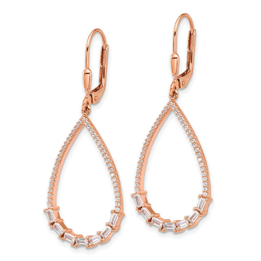 Sterling Silver Rose-tone Flash Rose-gold Plated CZ Teardrop Dangle Earrings