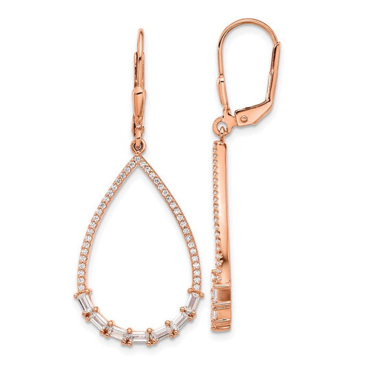 Sterling Silver Rose-tone Flash Rose-gold Plated CZ Teardrop Dangle Earrings