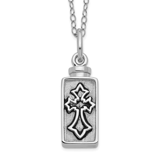 Sterling Silver Antiqued Rectangle Box Cross Ash Holder Necklace 18"