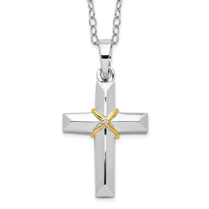 Sterling Silver Cubic Zirconia Gold-tone Accent Cross Ash Holder Necklace 18"