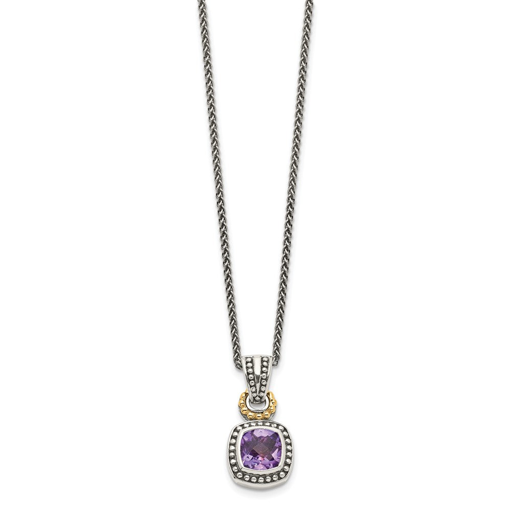 Sterling Silver 14K Gold Accent Cushion Bezel Amethyst Necklace 18"