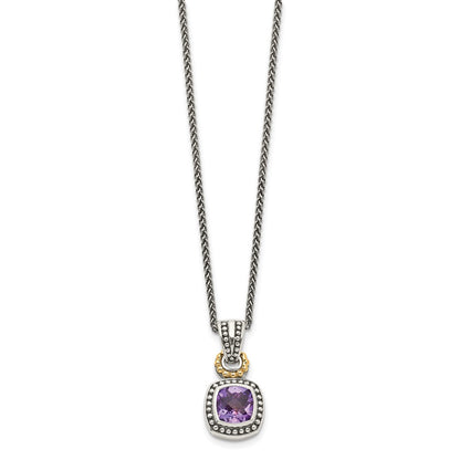 Sterling Silver 14K Gold Accent Cushion Bezel Amethyst Necklace 18"