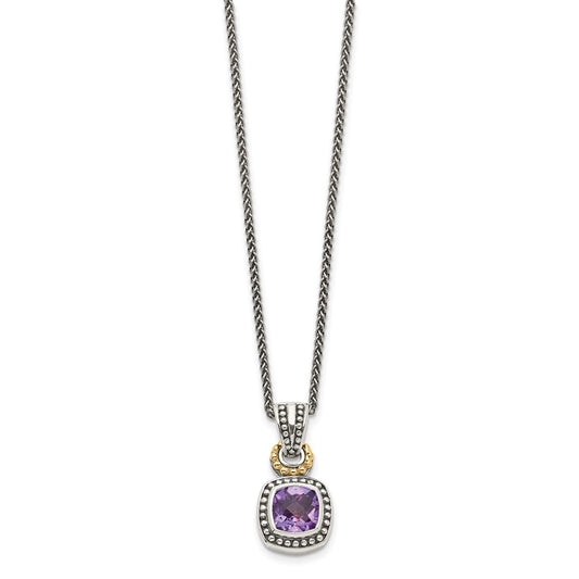 Sterling Silver 14K Gold Accent Cushion Bezel Amethyst Necklace 18"