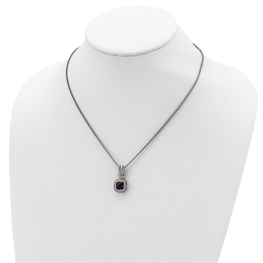 Sterling Silver 14K Gold Accent Cushion Bezel Amethyst Necklace 18"