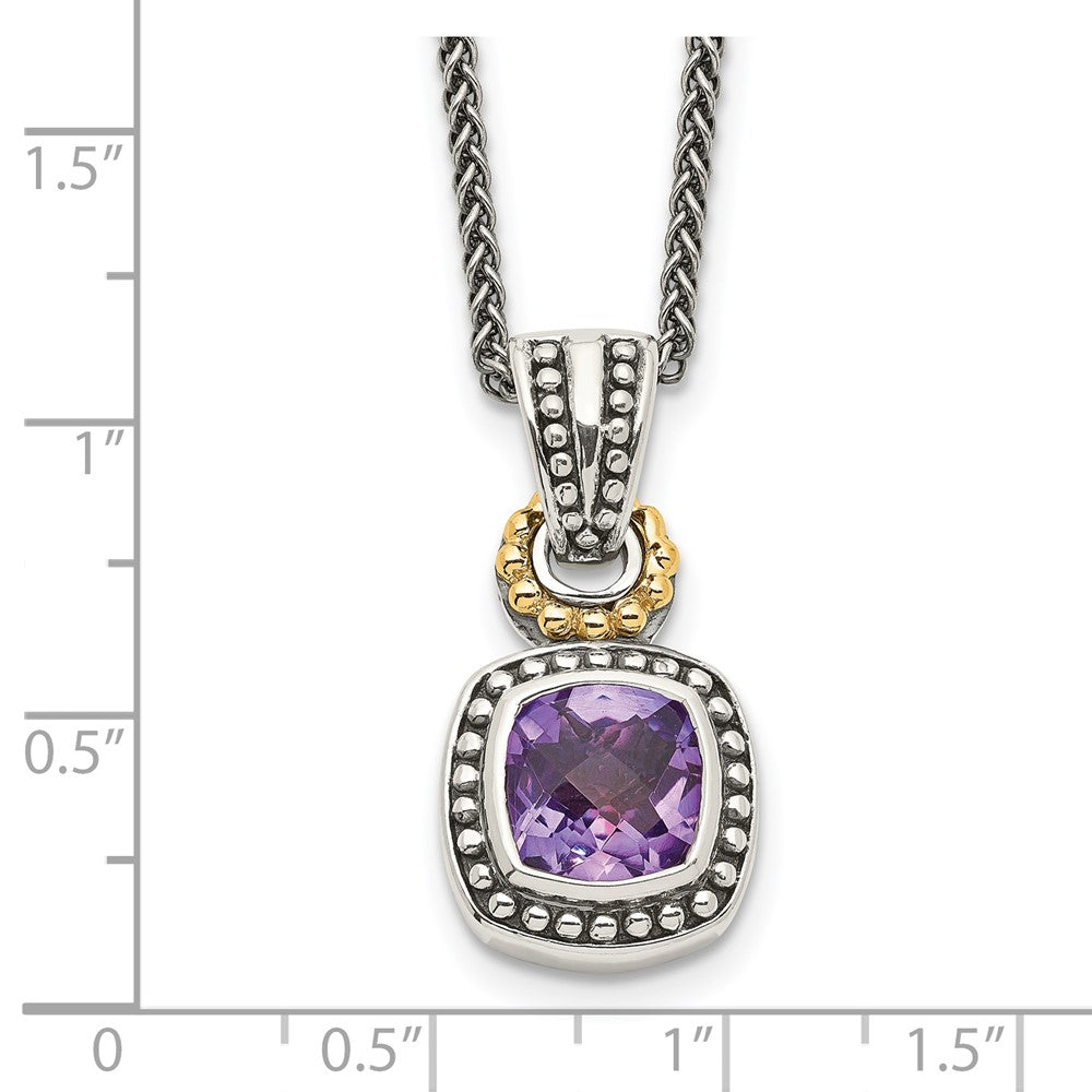 Sterling Silver 14K Gold Accent Cushion Bezel Amethyst Necklace 18"