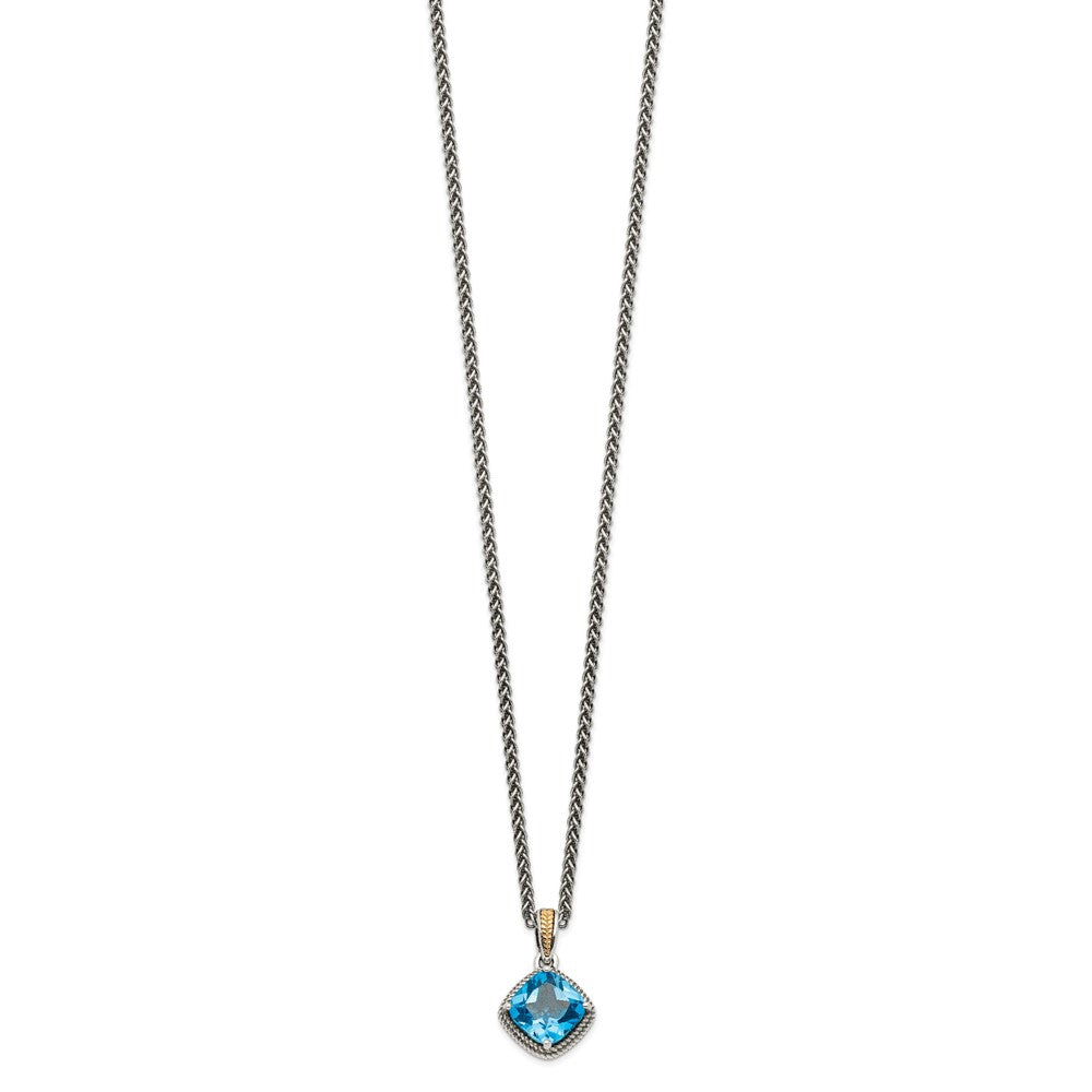 Sterling Silver 14K Gold Accent Cushion Blue Topaz Necklace 18"