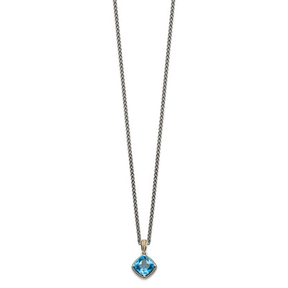 Sterling Silver 14K Gold Accent Cushion Blue Topaz Necklace 18"