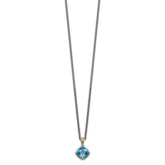 Sterling Silver 14K Gold Accent Cushion Blue Topaz Necklace 18"