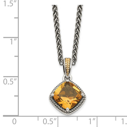 Sterling Silver 14K Gold Accent Cushion Citrine Necklace 18"