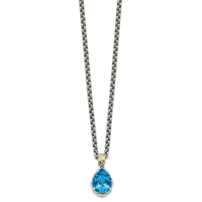Sterling Silver 14K Gold Accent Pear Shaped Blue Topaz Necklace 18"
