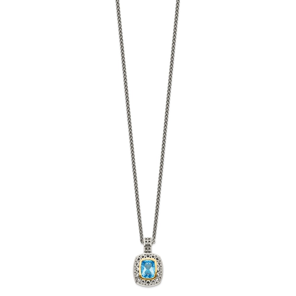 Sterling Silver 14K Gold Accent Cushion Bezel Light Swiss Blue Topaz Necklace 18"