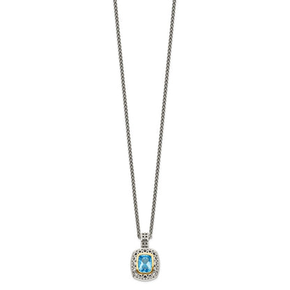 Sterling Silver 14K Gold Accent Cushion Bezel Light Swiss Blue Topaz Necklace 18"