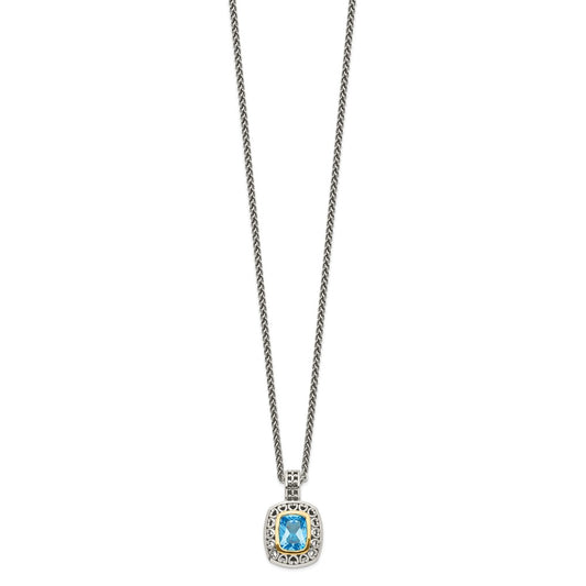 Sterling Silver 14K Gold Accent Cushion Bezel Light Swiss Blue Topaz Necklace 18"