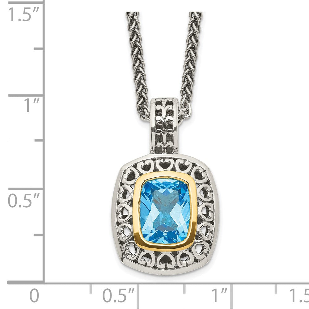 Sterling Silver 14K Gold Accent Cushion Bezel Light Swiss Blue Topaz Necklace 18"