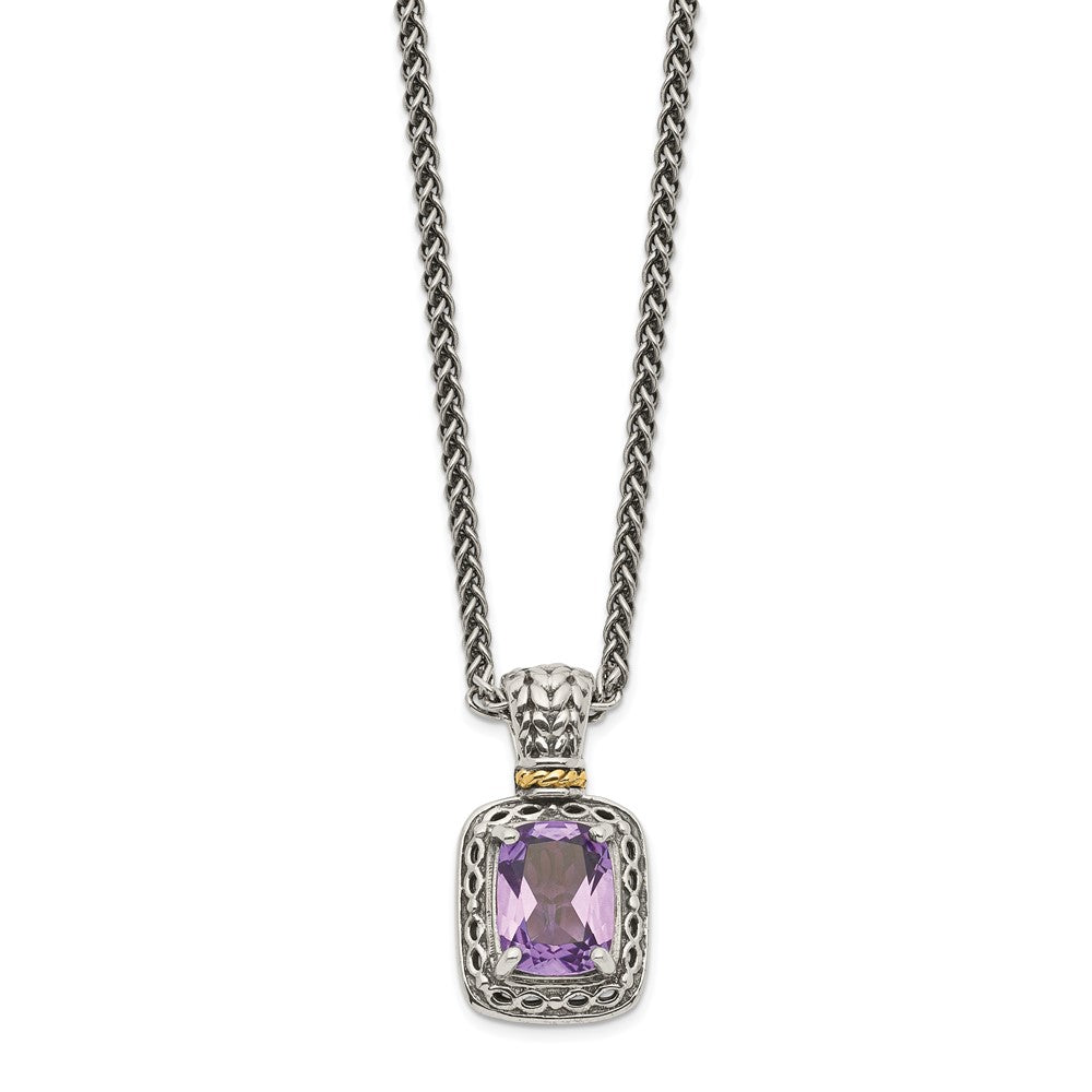Sterling Silver 14K Gold Accent Cushion Amethyst Necklace 18"