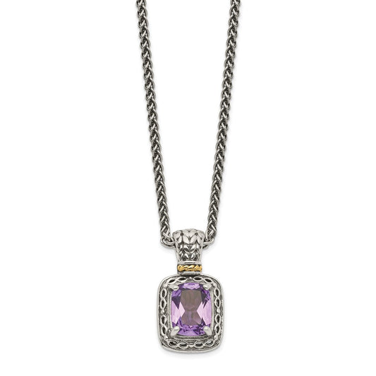 Sterling Silver 14K Gold Accent Cushion Amethyst Necklace 18"