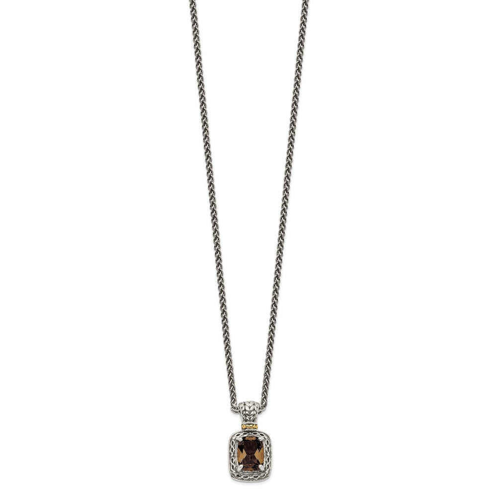 Sterling Silver 14K Gold Accent Cushion Checkerboard Smoky Quartz Necklace 18"