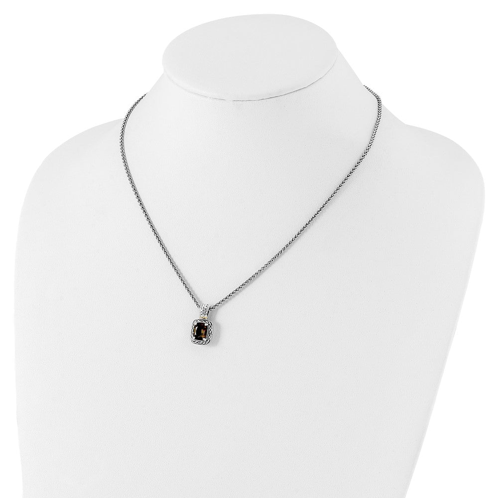 Sterling Silver 14K Gold Accent Cushion Checkerboard Smoky Quartz Necklace 18"
