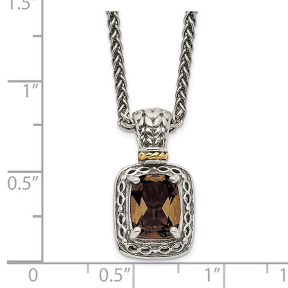 Sterling Silver 14K Gold Accent Cushion Checkerboard Smoky Quartz Necklace 18"