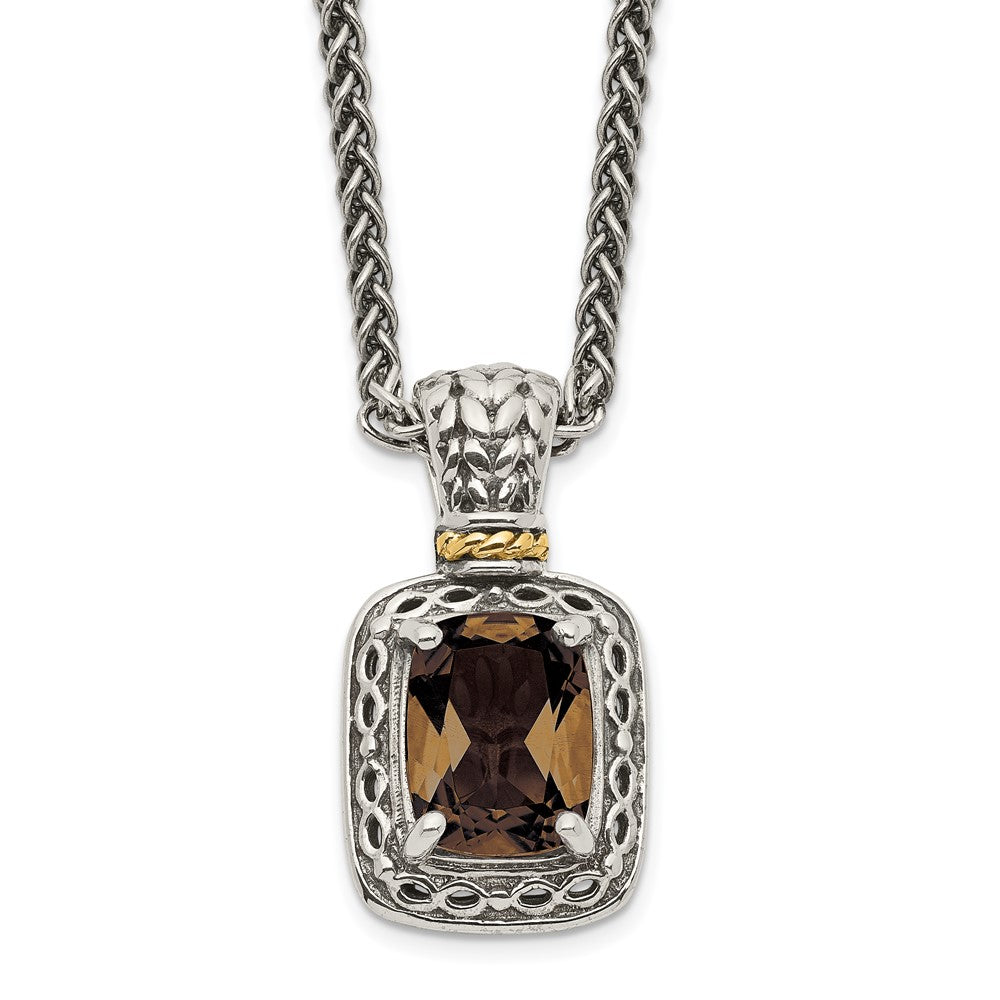 Sterling Silver 14K Gold Accent Cushion Checkerboard Smoky Quartz Necklace 18"