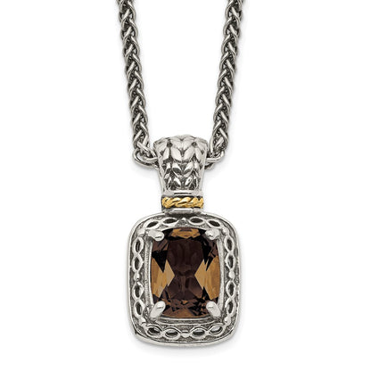 Sterling Silver 14K Gold Accent Cushion Checkerboard Smoky Quartz Necklace 18"