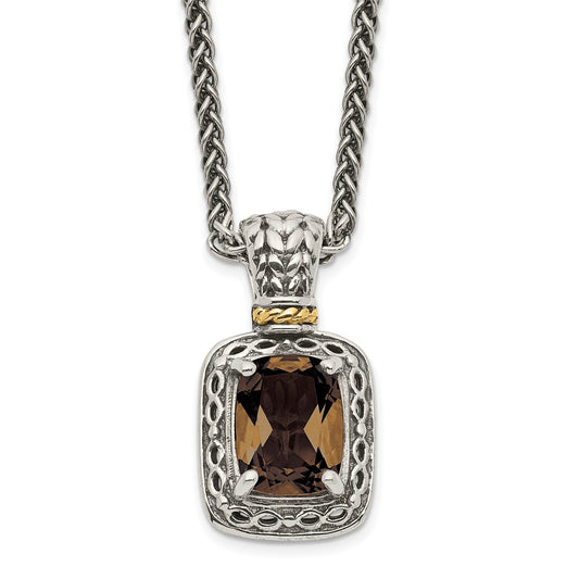 Sterling Silver 14K Gold Accent Cushion Checkerboard Smoky Quartz Necklace 18"