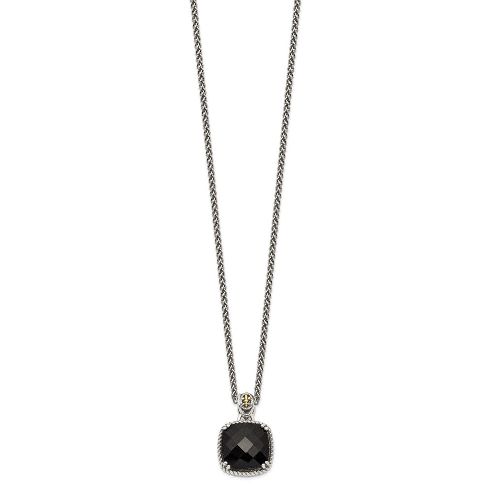 Sterling Silver 14K Gold Accent Checkerboard-cut Black Onyx Necklace 18"