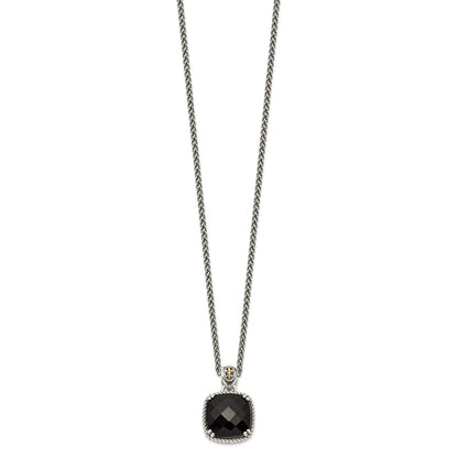 Sterling Silver 14K Gold Accent Checkerboard-cut Black Onyx Necklace 18"
