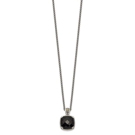Sterling Silver 14K Gold Accent Checkerboard-cut Black Onyx Necklace 18"
