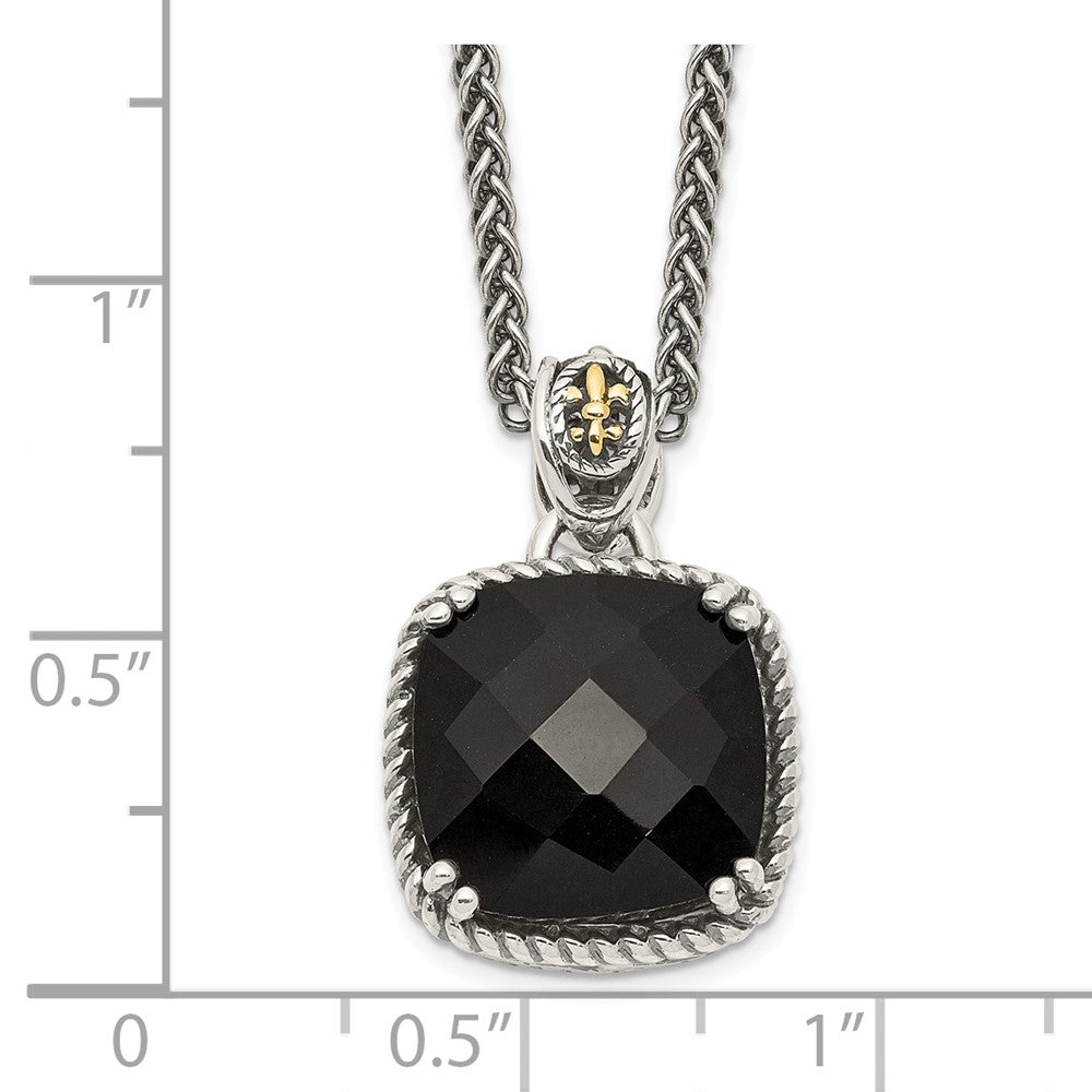 Sterling Silver 14K Gold Accent Checkerboard-cut Black Onyx Necklace 18"