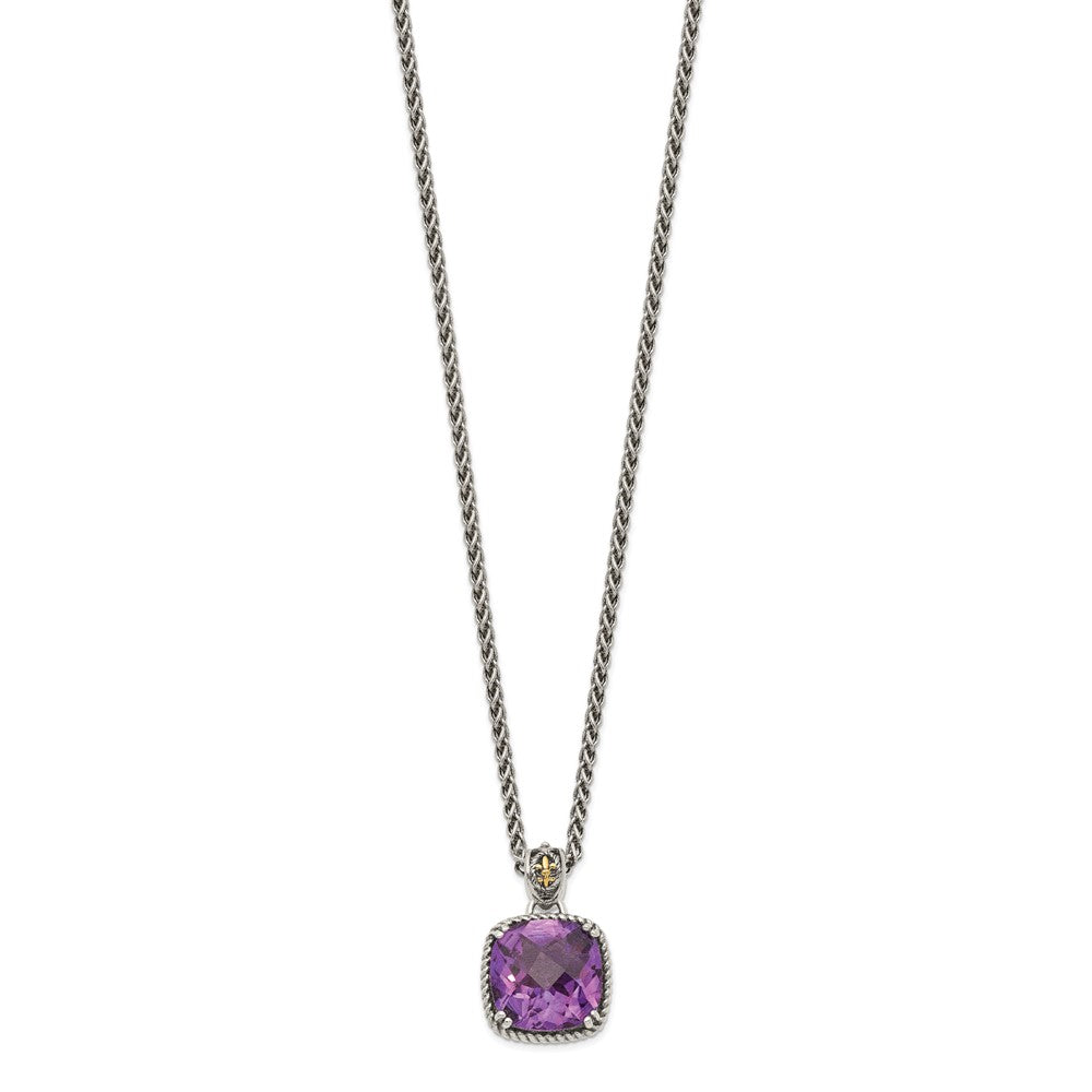 Sterling Silver 14K Gold Accent Cushion Checkerboard Amethyst Necklace 18"