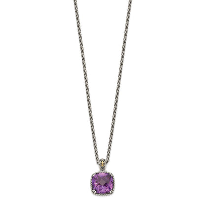 Sterling Silver 14K Gold Accent Cushion Checkerboard Amethyst Necklace 18"