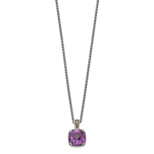 Sterling Silver 14K Gold Accent Cushion Checkerboard Amethyst Necklace 18"