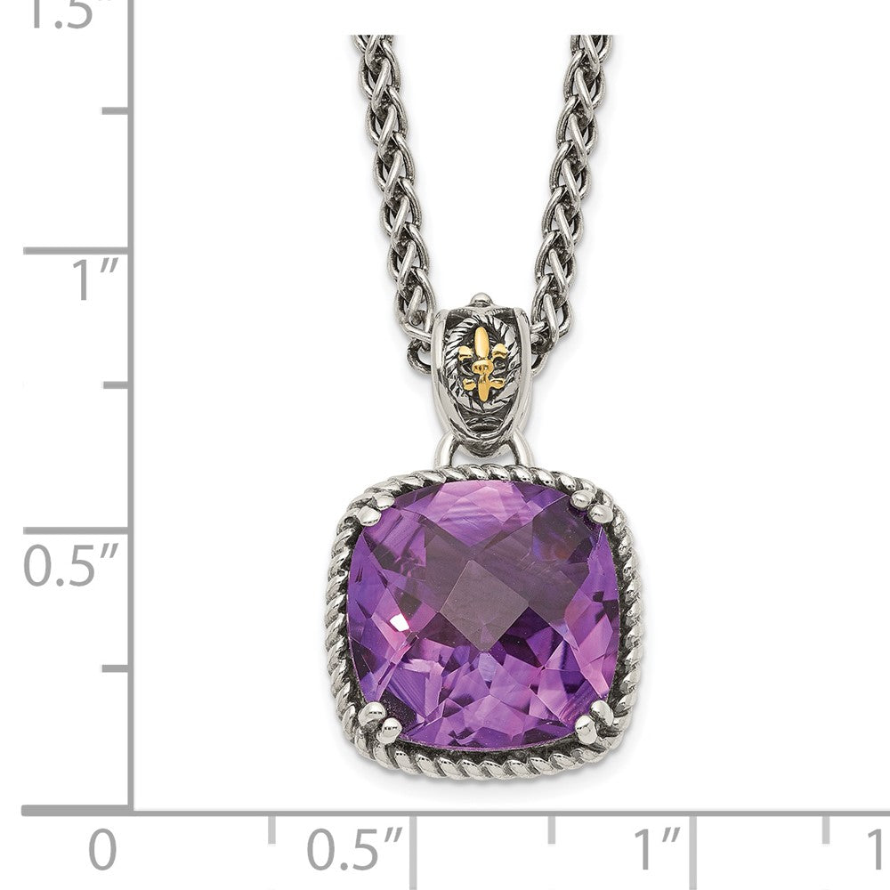 Sterling Silver 14K Gold Accent Cushion Checkerboard Amethyst Necklace 18"