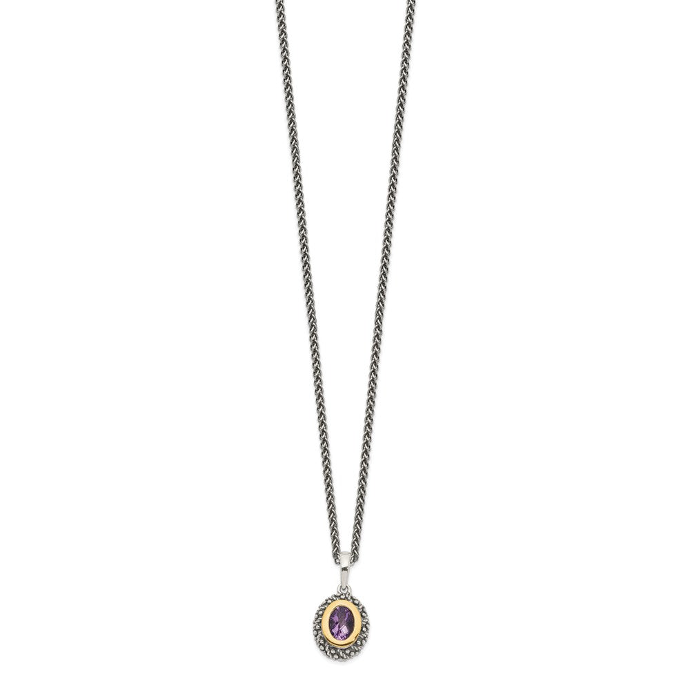 Sterling Silver 14K Gold Accent Oval Bezel Amethyst Necklace 18"