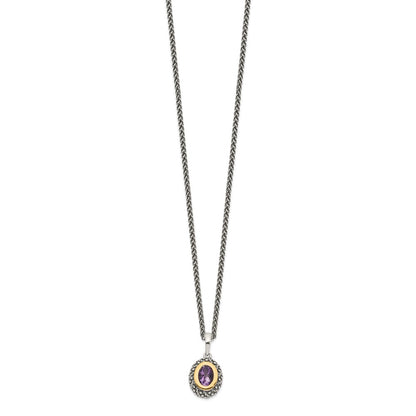 Sterling Silver 14K Gold Accent Oval Bezel Amethyst Necklace 18"