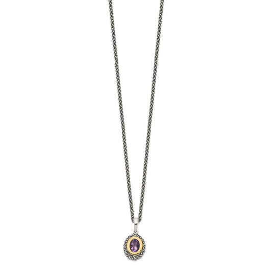 Sterling Silver 14K Gold Accent Oval Bezel Amethyst Necklace 18"