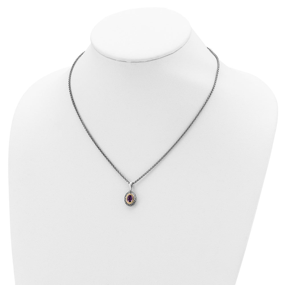 Sterling Silver 14K Gold Accent Oval Bezel Amethyst Necklace 18"