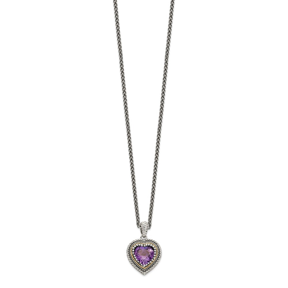 Sterling Silver 14K Gold Accent Amethyst Heart Necklace 18"