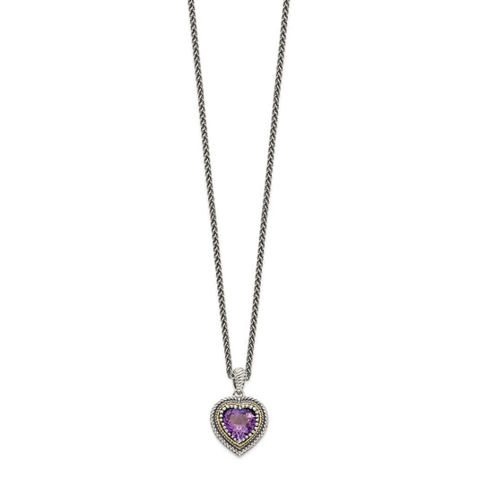 Sterling Silver 14K Gold Accent Amethyst Heart Necklace 18"