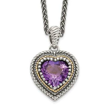 Sterling Silver 14K Gold Accent Amethyst Heart Necklace 18"