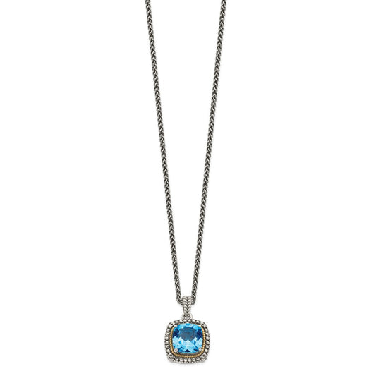 Sterling Silver 14K Gold Accent Cushion Light Swiss Blue Topaz Necklace 18"