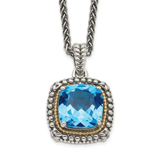 Sterling Silver 14K Gold Accent Cushion Light Swiss Blue Topaz Necklace 18"
