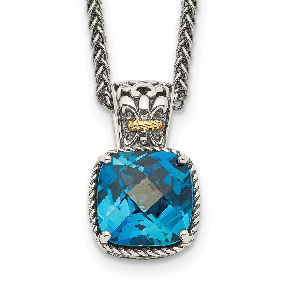 Sterling Silver 14K Gold Accent Cushion London Blue Topaz Necklace 18"