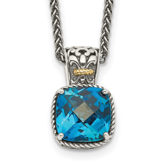 Sterling Silver 14K Gold Accent Cushion London Blue Topaz Necklace 18"