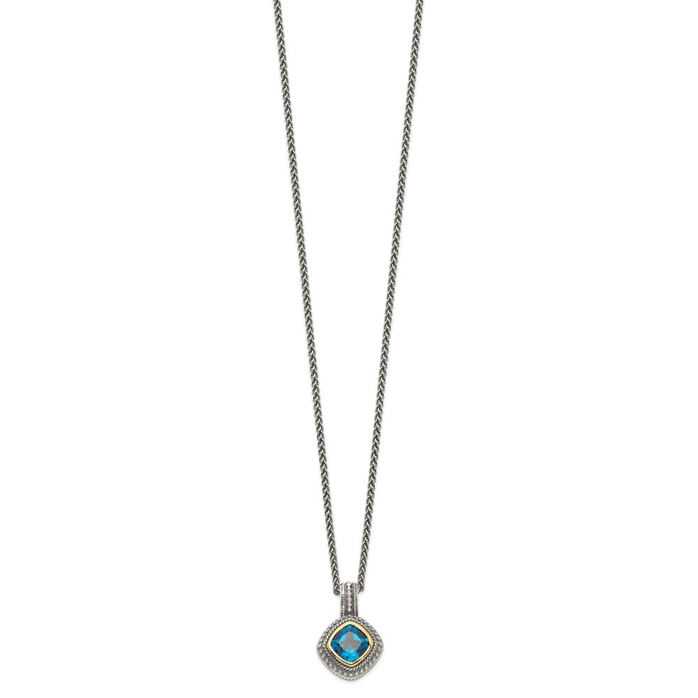 Sterling Silver 14K Gold Accent Cushion Bezel London Blue Topaz Necklace 18"