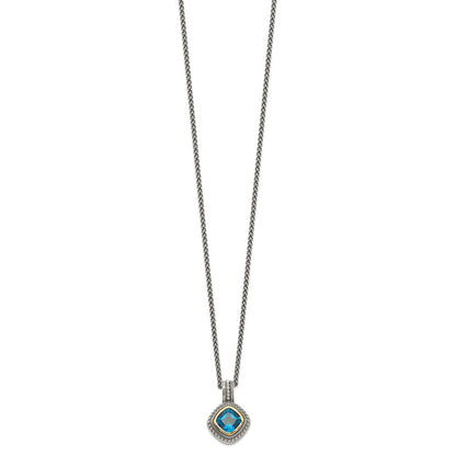 Sterling Silver 14K Gold Accent Cushion Bezel London Blue Topaz Necklace 18"