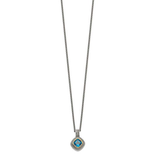 Sterling Silver 14K Gold Accent Cushion Bezel London Blue Topaz Necklace 18"