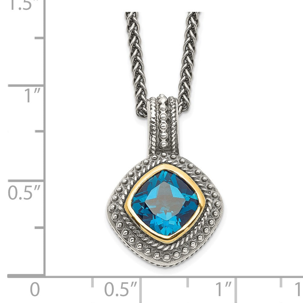 Sterling Silver 14K Gold Accent Cushion Bezel London Blue Topaz Necklace 18"