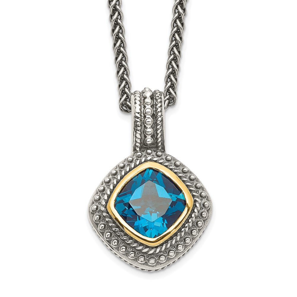Sterling Silver 14K Gold Accent Cushion Bezel London Blue Topaz Necklace 18"